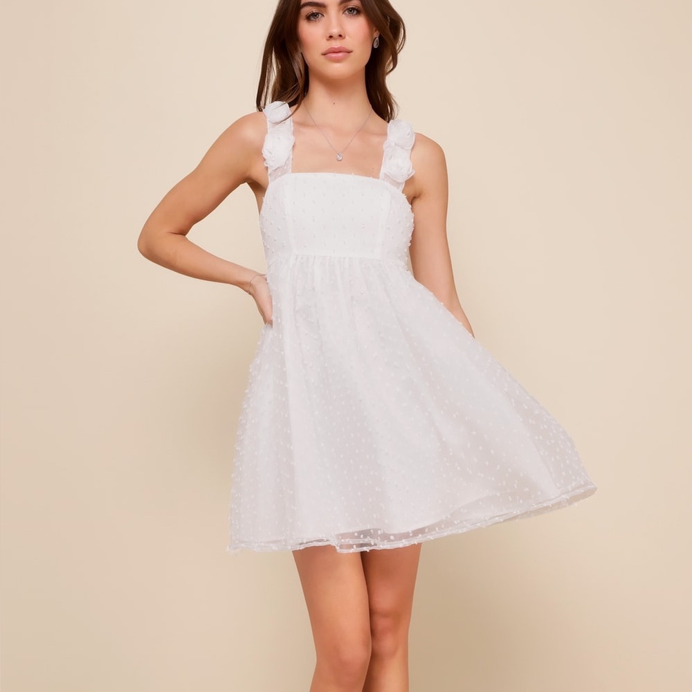 Lulus Darling Existence White Swiss Dot Rosette Sleeveless Mini Dress - Medium